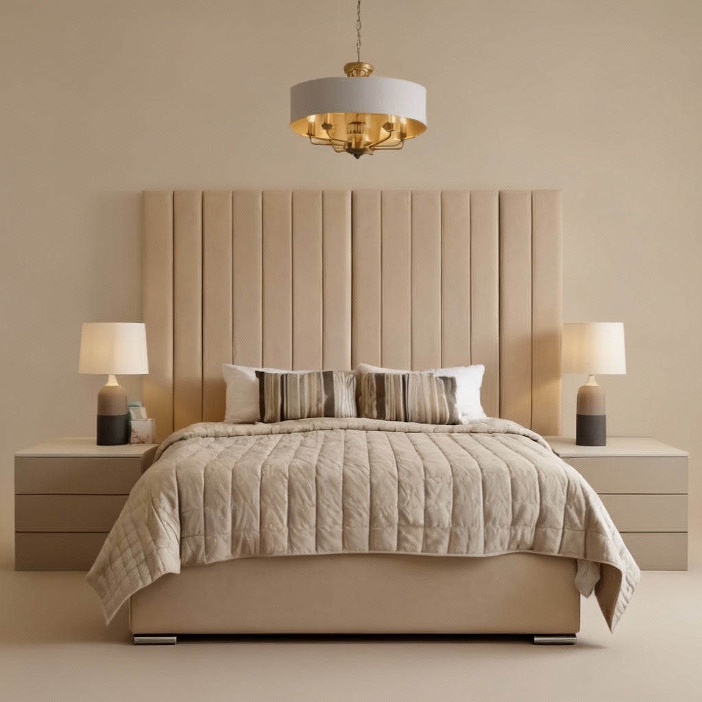 Beige bedroom with a bed, headboard, and side tables.