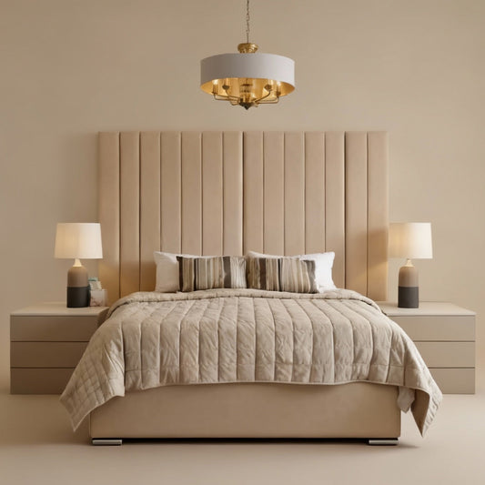 Beige bedroom with a bed, headboard, and side tables.